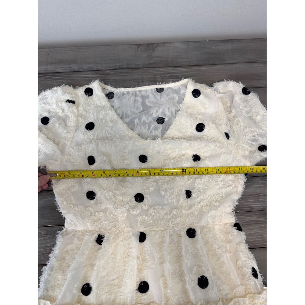 NWT Polka Dot Eyelash Fringe Cream Tiered Dress V-Neck Puff Sleeve Cream Med 6 8 - Picture 13 of 16